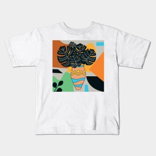 Abstract vase modern art black leaf branch with colored background, cute creative artwork Kids T-Shirt